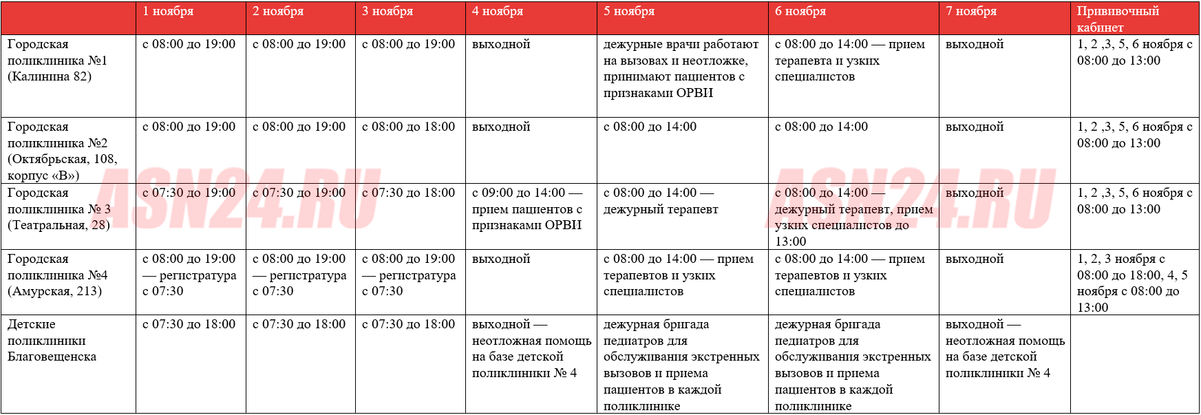 График работы поликлиник Благовещенска в нерабочие и праздничные дни |  30.10.2021 | Благовещенск - БезФормата