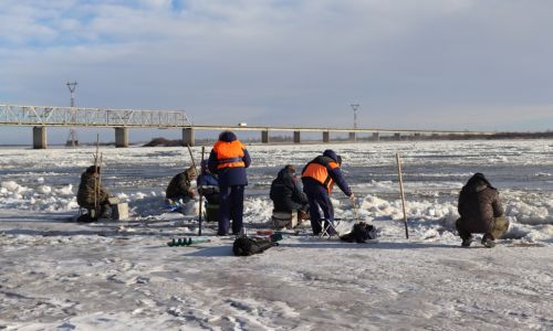 любители зимней рыбалки вышли на едва схватившийся лед на зее в благовещенске
