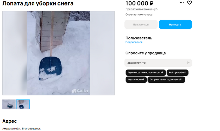 в благовещенске предлагают купить снегоуборочную лопату за 100 тысяч рублей
